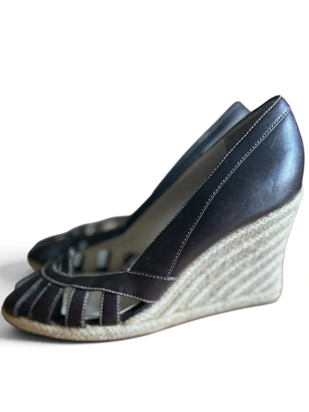 Ann Taylor LOFT Women’s Brown Leather Espadrille Wedge Peep-Toe Heel- Size 7